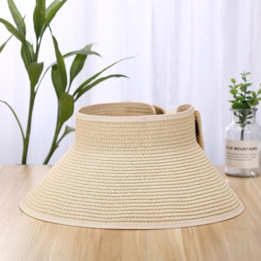 Women Sun Visors Foldable Straw Hats Wide Brim Bowknot Straw Sun Hat Floppy Foldable Roll up Cap UPF 50+ Summer Beach Hats - B90Y39JRD
