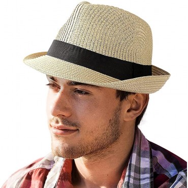 Womens Fedora Straw Sun Hat Mens Trilby Hat Short Brim Foldable Roll Up Summer UPF 50+ Panama Beach Hats - BFZAR4N2B