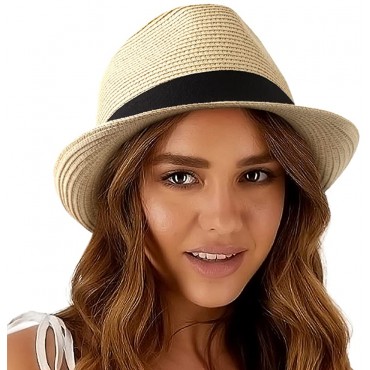 Womens Straw Hat Short Brim Panama Fedora Beach Sun Trilby Hat for Vacation Gentlemen Roll Up Summer Hat - BAYX954FF