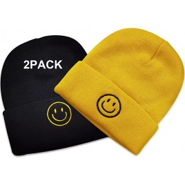 2PCS Smile Face Knit Cuff Beanie Embroideried Beanies Winter Warm Slouchy Fisherman Hats Activewear Skater Caps,Black Yellow - B4K0LFEAZ