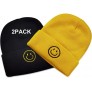 2PCS Smile Face Knit Cuff Beanie Embroideried Beanies Winter Warm Slouchy Fisherman Hats Activewear Skater Caps,Black Yellow - B4K0LFEAZ