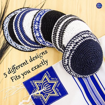HolYudaica Pack of 5-Pcs Hq Mix Colors Handmade Knitted Kippah for Men Boys and Kids Yamaka Hat from Israel Kippot Bulk Mix Lines 17CM Flat - B44GCNMWR
