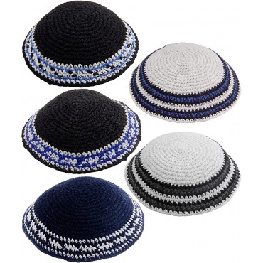 HolYudaica Pack of 5-Pcs Hq Mix Colors Handmade Knitted Kippah for Men Boys and Kids Yamaka Hat from Israel Kippot Bulk Mix Lines 17CM Flat - B44GCNMWR