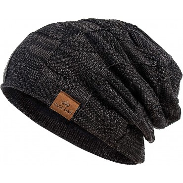 PAGE ONE Mens Winter Slouchy Beanie Warm Fleece Lined Skull Cap Baggy Cable Knit Hat - BKOLPRGE8