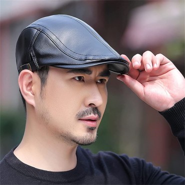 Men Newsboy Flat Ivy Cap PU Leather Irish Flat Hats Driving Hat for Men Ivy Cap Hunting Fishing Hat for Father Dad - BHG8CPX2C