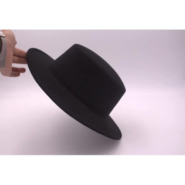 Classic Fashion Black Wide Brim Flat Top Fedora Panama Hat Felt Church Derby Cap Pork Pie Hat Jazz Hat - B1PGA7T2B