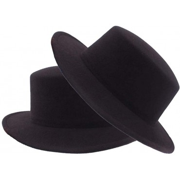 Classic Fashion Black Wide Brim Flat Top Fedora Panama Hat Felt Church Derby Cap Pork Pie Hat Jazz Hat - B1PGA7T2B