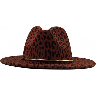 CYBLING Flat Brim Wool Felt Jazz Fedora Hats Men Women Leopard Grain Leather Band Metal Decor Trilby Panama Formal Cap - B03544OSP