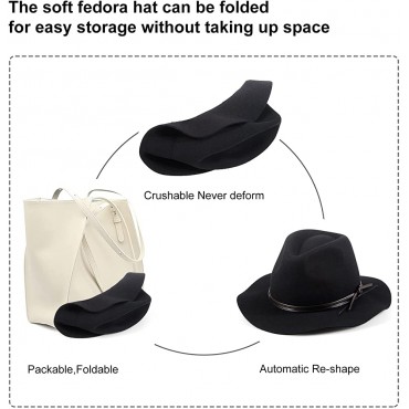 Foldable Soft Fedora Hats for Women&Men Warm Wool Trilby Hat with Short Brim Indeformable Vintage Panama Fedora Hat - BPCG5CF35