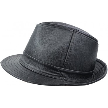 IFSUN Men & Women's Cowhide Jazz Hat Short Brim Leather Fedora Hat - BNU9L1H6G