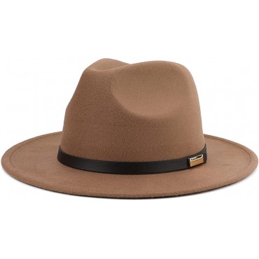 Melesh Women Classic Wide Brim Fedora Hat with Belt Buckle Felt Men Panama Hat - BB42QHWE8