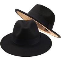 Mens Classic Jazz-Hat Wide-Brim Felt Fedora-Hat for Women Black & Tan Under Panama Hat Two-Tone - BZYYVMAET