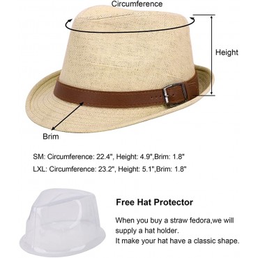 Simplicity Panama Style Trilby Fedora Straw Sun Hat with Leather Belt - BHQE8LBCL