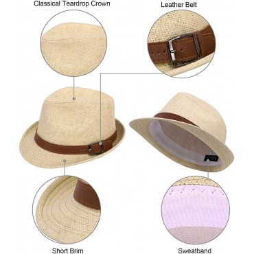 Simplicity Panama Style Trilby Fedora Straw Sun Hat with Leather Belt - BHQE8LBCL