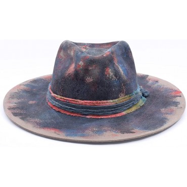 Vintage Fedora Firm Wool Felt Panama Hat Classic Rancher for Men Women Wide Brim Lining Distressed Burned Handmade - BXC6ZLJ8R