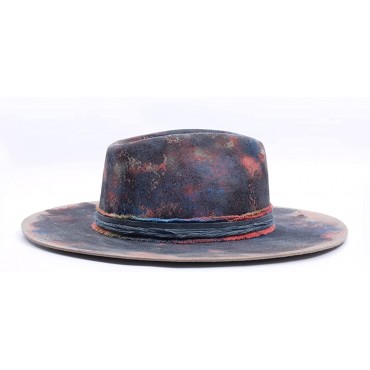 Vintage Fedora Firm Wool Felt Panama Hat Classic Rancher for Men Women Wide Brim Lining Distressed Burned Handmade - BXC6ZLJ8R