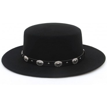 Women Men 100% Wool Classic Felt Fedora Hat Wide Brim Flat Top Jazz Panama Hat with Belt Buckle Casual Party Church Hat Black - BY0IMB4JA