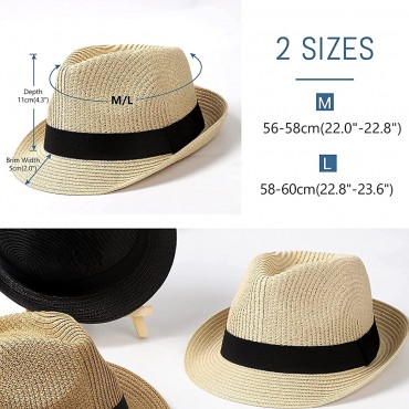 Womens Fedora Straw Sun Hat Mens Trilby Hat Short Brim Foldable Roll Up Summer UPF 50+ Panama Beach Hats - BRIR5YPA9
