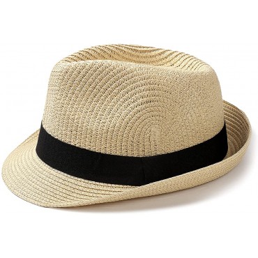 Womens Fedora Straw Sun Hat Mens Trilby Hat Short Brim Foldable Roll Up Summer UPF 50+ Panama Beach Hats - BRIR5YPA9