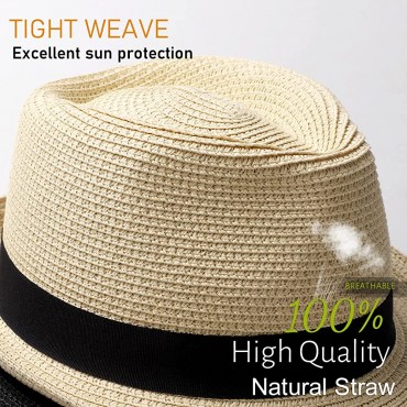 Womens Short Brim Straw Sun Hat Fedora Trilby Hat Panama Men Roll Up Packable Beach Hats - B6FGQJHXU