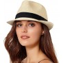 Womens Short Brim Straw Sun Hat Fedora Trilby Hat Panama Men Roll Up Packable Beach Hats - B6FGQJHXU