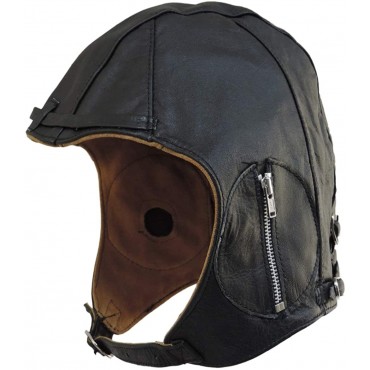 Aviator Black Leather Motorcycle Cap Vintage WWII Hat - B6VGNNH0P