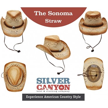 Raffia Straw Cowboy Western Sun Hat Chin Strap Silver Canyon Natural - B4JO5IQRH