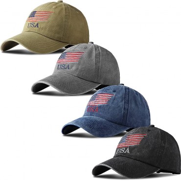 Geyoga 4 Pieces USA Flag Hat American Flag Baseball Cap USA Tactical Hat Washed Distressed Hats for Men Women Teens - B39Q47Z19