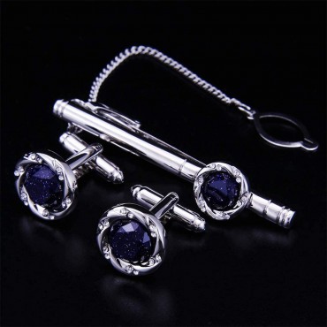 BagTu Crystal Galaxy Cufflinks and Tie Clip Set with Gift Box and Greeting Card Round Dark Blue Cufflinks and Tie Clip Gift Set for Men - BG7FNASNB