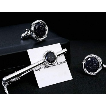 BagTu Crystal Galaxy Cufflinks and Tie Clip Set with Gift Box and Greeting Card Round Dark Blue Cufflinks and Tie Clip Gift Set for Men - BG7FNASNB