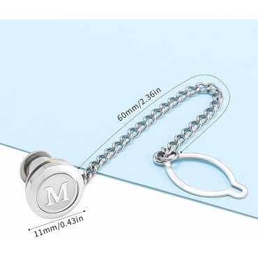 Dannyshi Mens tie pins with Chain Round Silver Wedding Business Initials A-Z tie Clip Gift - BNEPTRESZ