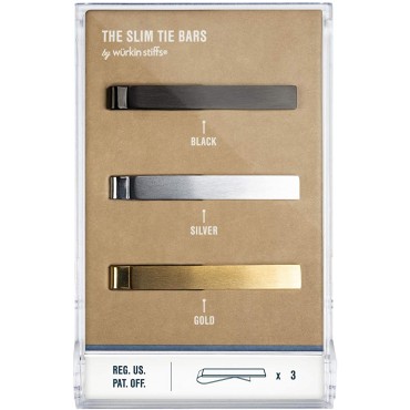 The Slim Tie Bar Clip Set by Würkin Stiffs | Set of 3 | Includes 1 Gold Tie Clip 1 Black Tie Clip 1 Silver Tie Clip | Pack of 1.65” Long Necktie Clips | Gift for Men | As Seen on Shark Tank - BPU1N52D2