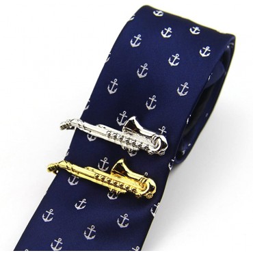 ZUNON Saxophone Tie Clips Sax Tie Bar Tacks Mens Silver Golden Tone Music Instrument Tie Clasps Musician Gifts - BA7P0GEU3