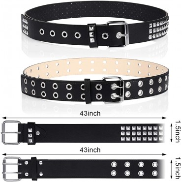 2 Pieces Rivet Studded Belt Double Grommet Belt Gothic Punk Belt for Women Men - BSXHKAEL6