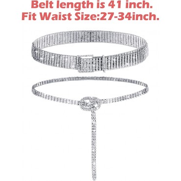 2 Pieces Women Rhinestone Belt for Dress Crystal Diamond Waist Belt Shiny Rhinestone Wide Waist Belt Ladies Belt Silver,Medium Fit Waist Size 27-34 Inch - BY7SHSVH6