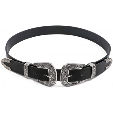 Double-Buckle Western Belts for Women Vintage Design Leather Rhinestone Waist Belt with Western-style Buckle for Ladies - B1VUVD6UY