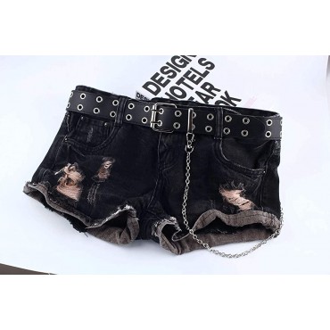 Double-Grommet-Belt Leather Punk-Waist-Belt with Chain for Women Jeans Dresses - B3K48GOIQ