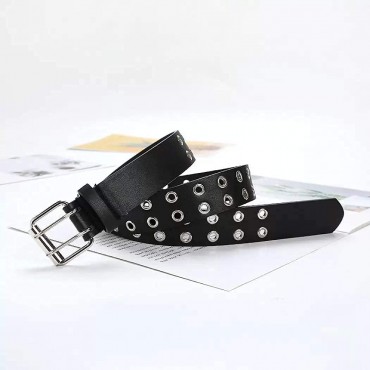 Double-Grommet-Belt Leather Punk-Waist-Belt with Chain for Women Jeans Dresses - B3K48GOIQ