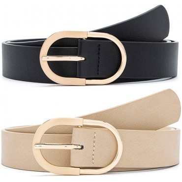 MORELESS 2 Pack Women's Leather Belts for Jeans Pants with Fashion Center Bar Buckle - BAB1SJZUO