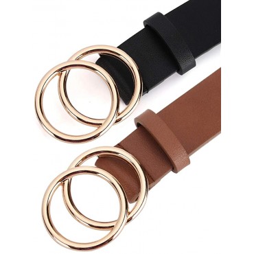 Pack 2 Women Belts for Jeans with Fashion Double O-Ring Buckle and Faux Leather - B3THJA3HT