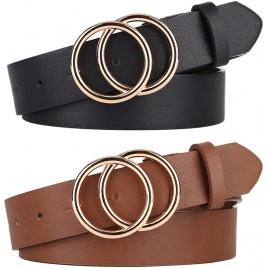 Pack 2 Women Belts for Jeans with Fashion Double O-Ring Buckle and Faux Leather - B3THJA3HT