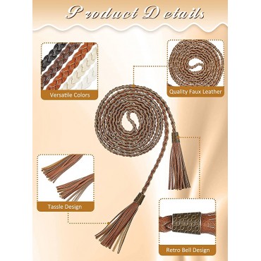 SATINIOR 5 Pieces Women's Tassel Braided Waist Belt Skinny Chain Belts PU Leather Braided Dress Belts Woven Rope Belts Skirt Dress Christmas Party Black White Beige Camel and Brown Different - B7AXNMVM7