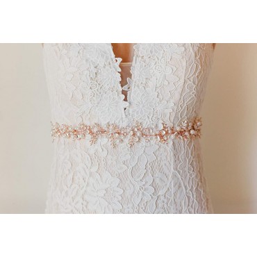 SWEETV Rose Gold Silver Bridal Belt Rhinestone Wedding Dress Belt Handmade Beaded Leaf Bridesmaid Sash - B6FDT9NYJ