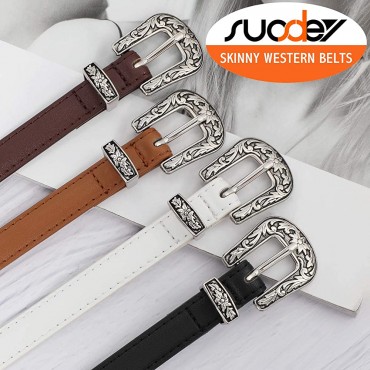 Trendy Western Skinny Belts for Women Adjustable Leather Thin Waist Belt for Dresses with Vintage Buckle By SUOSDEY - BEWQU0LII