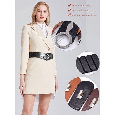 Women Leather Belt Hook Designed Buckle Wide Waist Belt Elastic Stretch Waist Band - BLCEUES7Q