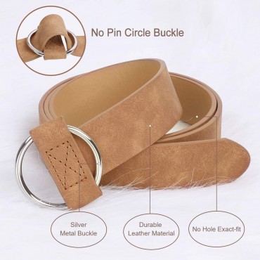 Women Leather Belt with Circle Buckle No Pin&Hole Adjustable Waist Belt for Jean - BVOQ37RKQ