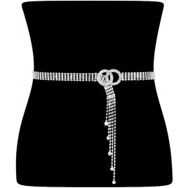 Women Rhinestone Belt Silver Shiny Diamond Fashion Crystal Ladies Double O-Ring Waist Belt for Jeans Dressesby WHIPPY - BUIPYYEOK