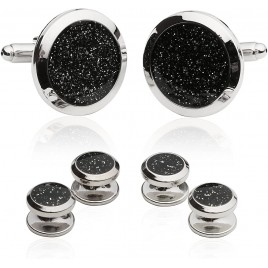 Cuff-Daddy Men's Black Diamond Dust Tuxedo Cuff Links and Studs Set with Presentation Jewelry Gift Box | Business Attire Cufflinks & Shirt Accessories Special Occasions Wedding Grooms Best Gifts - B5UIP06QS