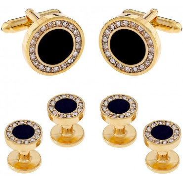 Cuff-Daddy Men's Black Onyx and Cubic Zirconia Gold Cufflinks Tuxedo Formal Set with Jewelry Presentation Box Gift Party Special Occasions Cufflinks for Wedding Anniversary Suit French Cuff Shirts - BHT0LB3K9