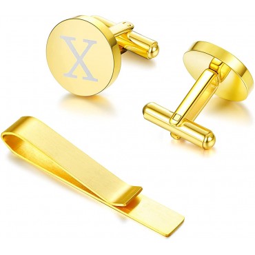 Diamday Initial Cufflinks and Tie Clip Set for Men Personalized Gold Stainless Steel Cuff Links and Tie Bar Letter Alphabet A-Z Gift with Box for Wedding Groomsmen Husband，Father - BFO552D5Q